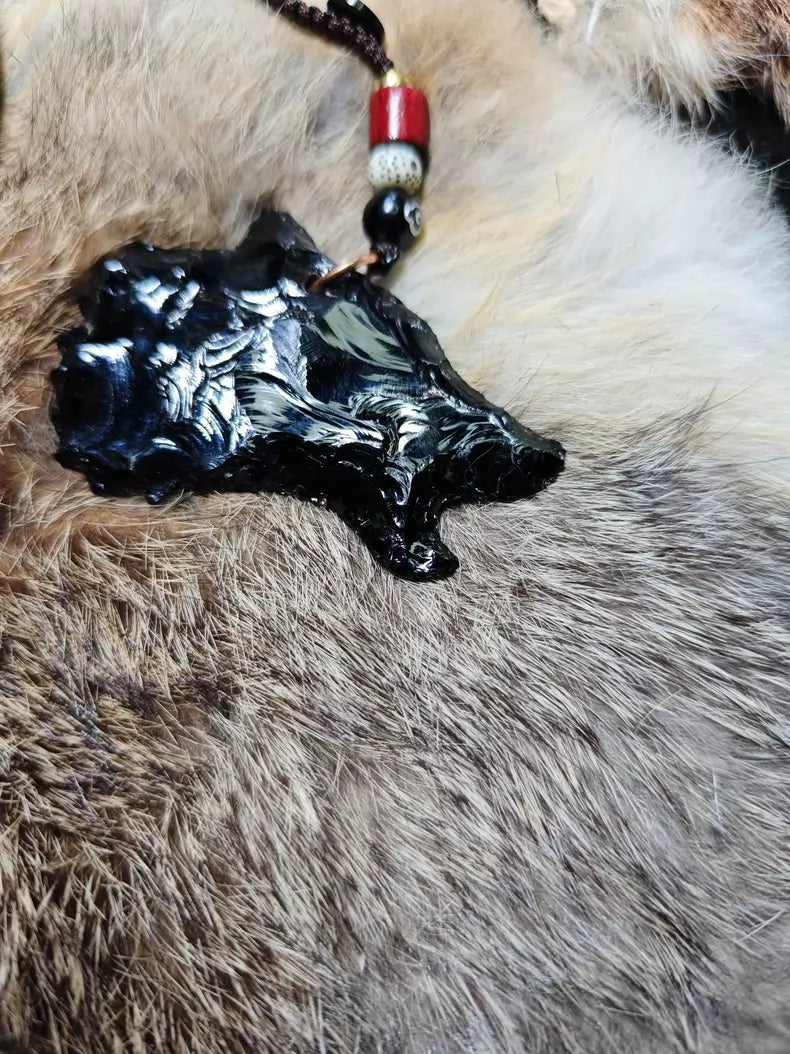 Chipped stone pendant, wolf head/wolf king pendant, obsidian crystal, white opal.