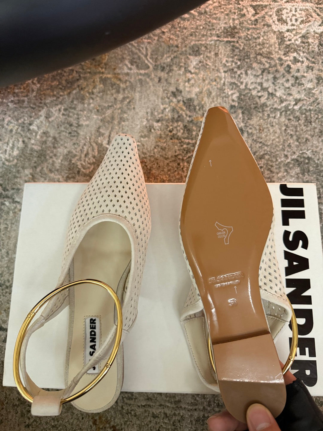 Jil Sander Pointed-Toe Perforated Suede Ballet Flats (Off-White)