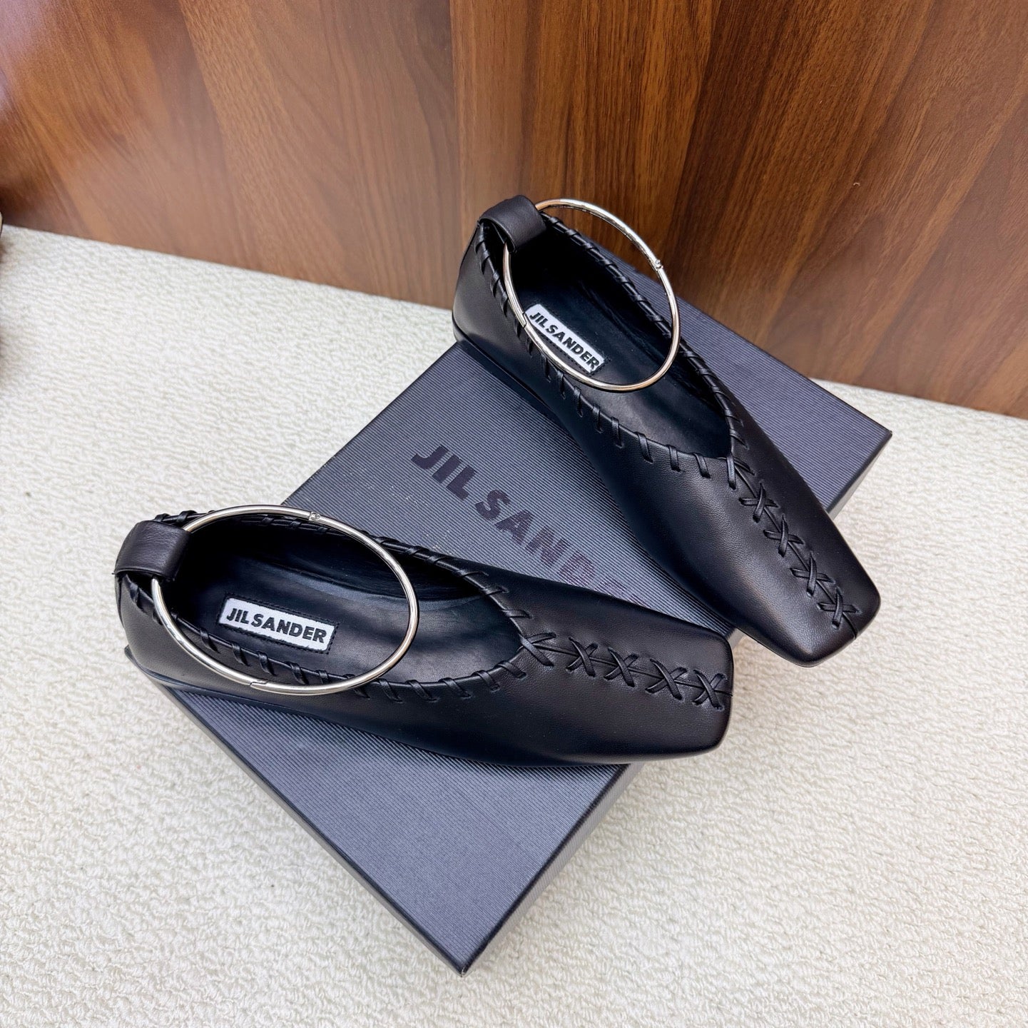 Jil Sander Classic Metallic Ring Ballet Flats (Black)