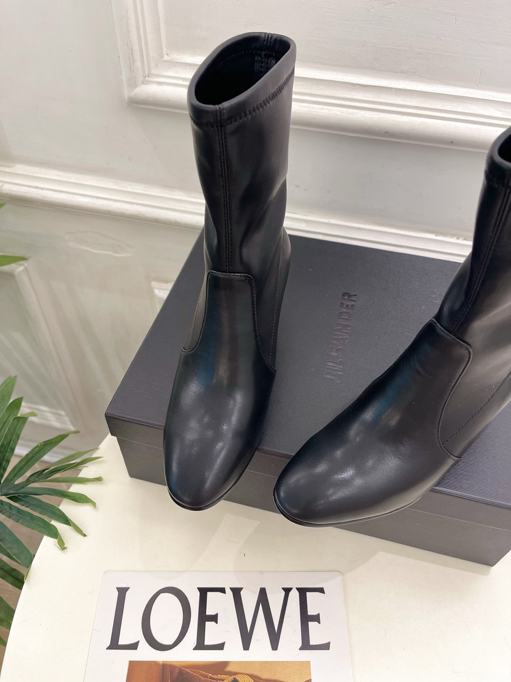 Jil Sander Minimalist Retro Stretch Ankle Boots with Block Heels Black