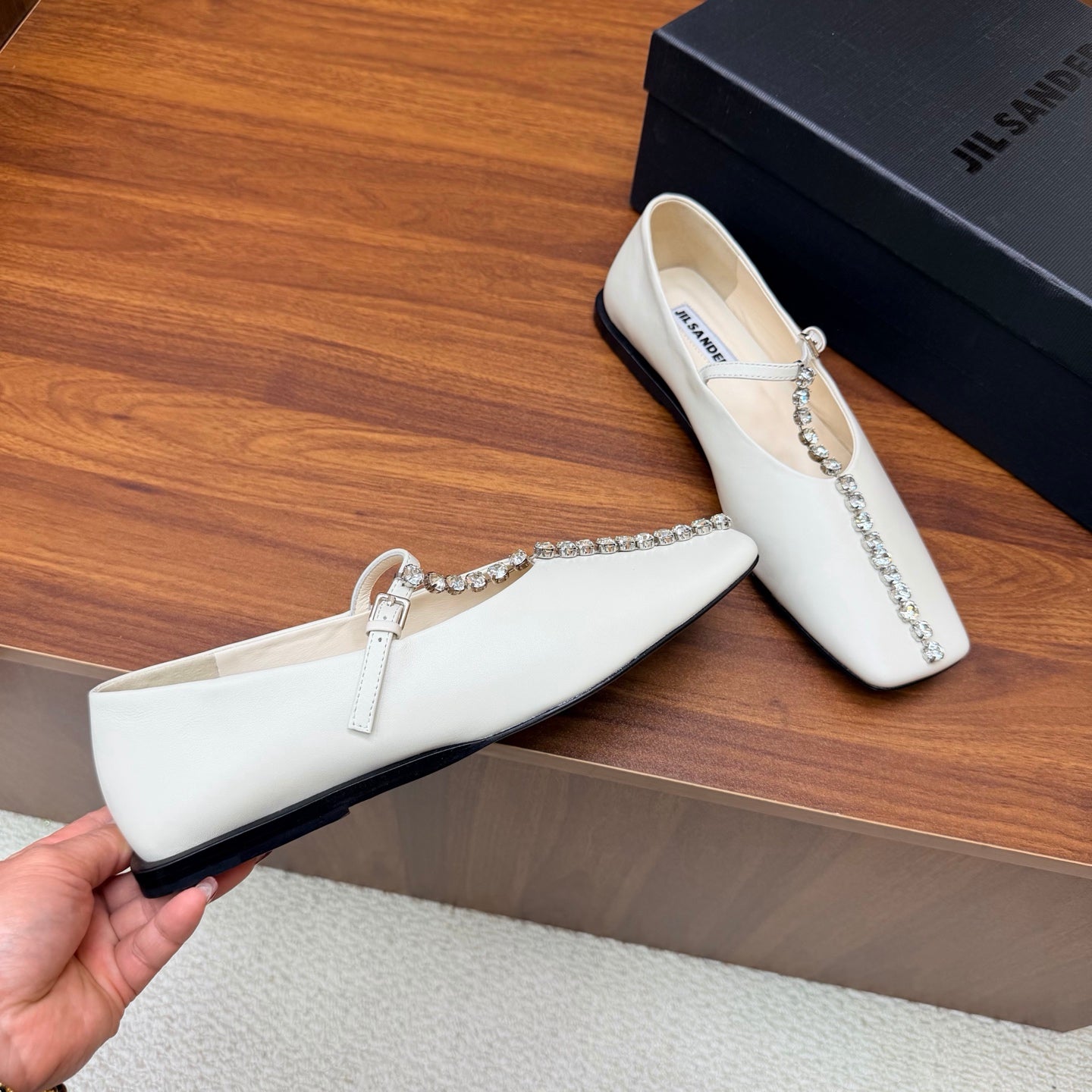 Jil Sander Luxury Crystal-Embellished Mary Jane Ballet Flats (White)