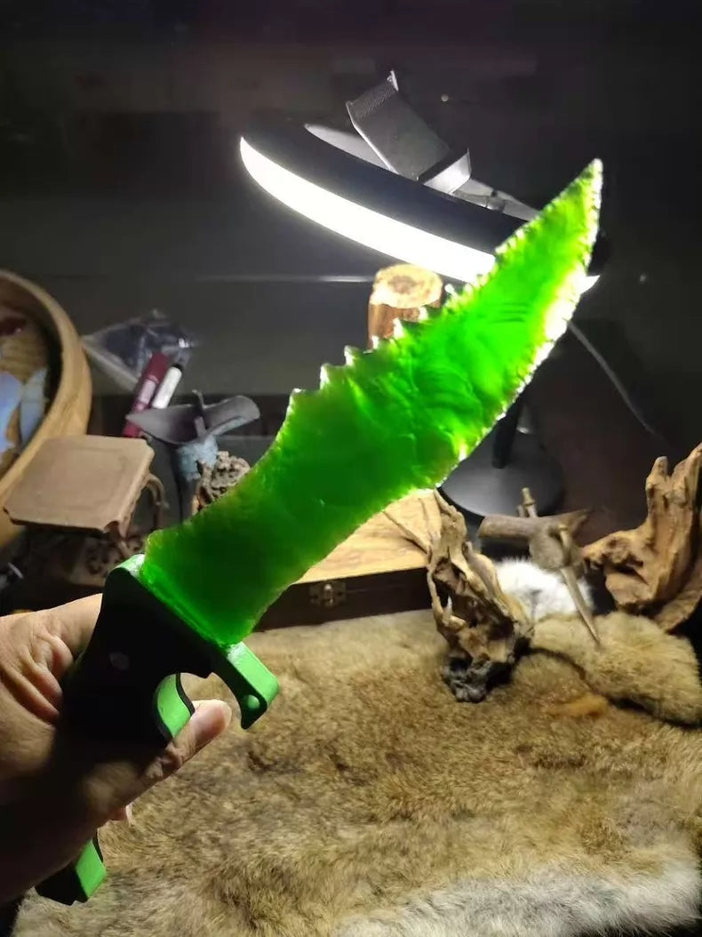 Knapped stone knife; knapped stone "Hunter's Dagger"! Green cat's-eye stone knife—CS:GO Doppler Emerald style.