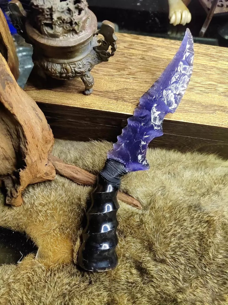 Knapped stone knife; deep violet cat's-eye "Flame Blade"; obsidian "Dragon-Crystal" blade—"Eternal Flower"