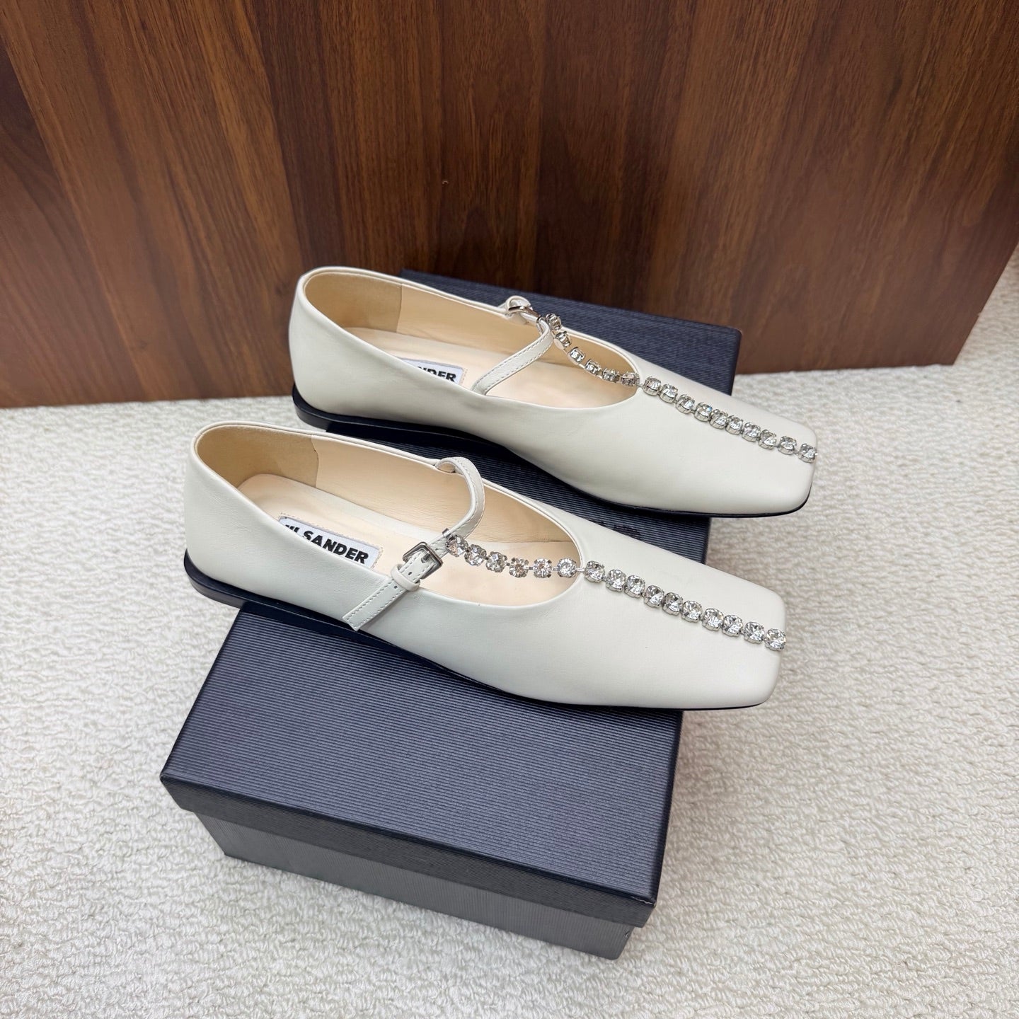 Jil Sander Luxury Crystal-Embellished Mary Jane Ballet Flats (White)