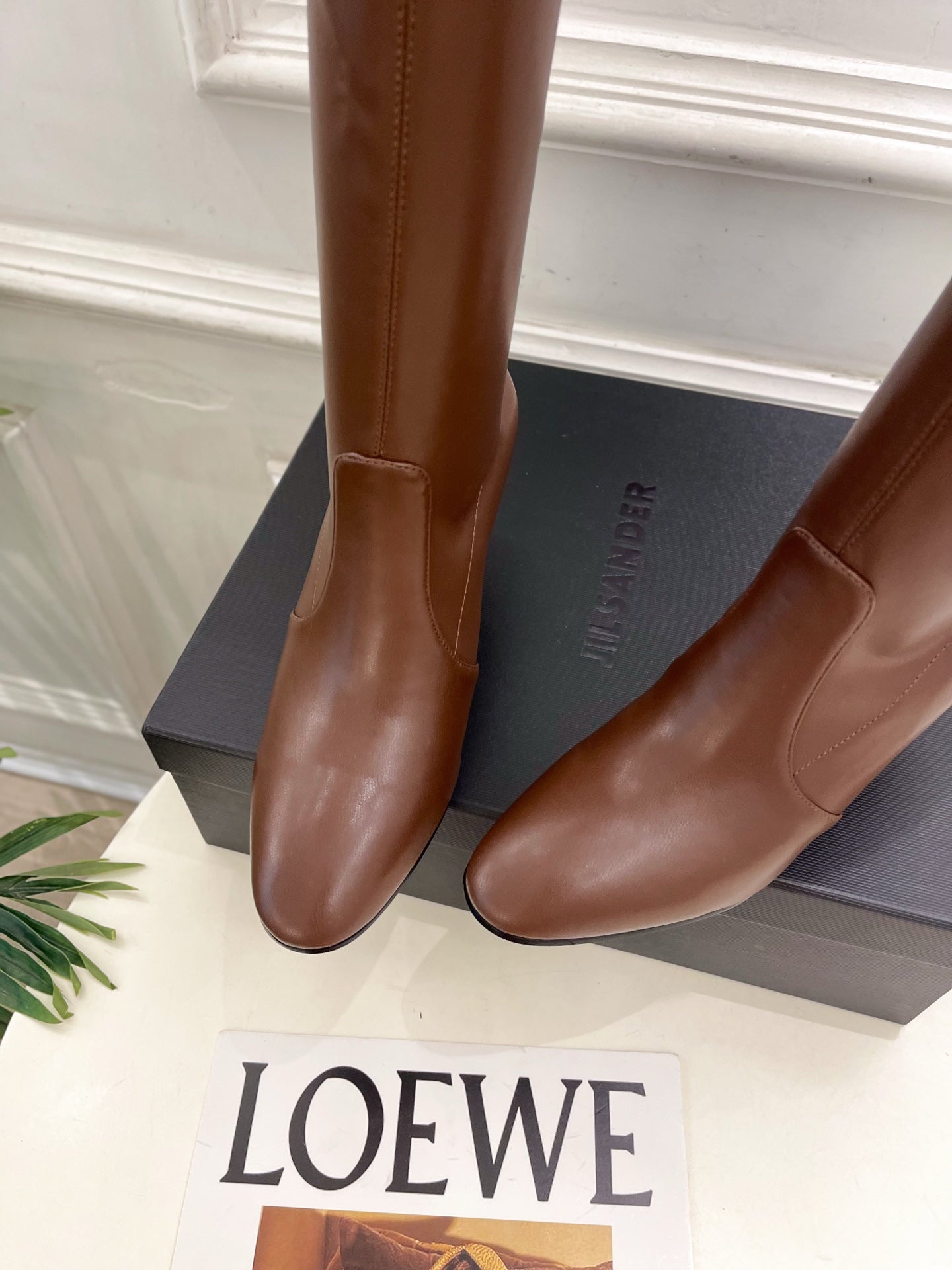 Jil Sander Minimalist Retro Stretch High-Shaft Boots with Block Heels Brown