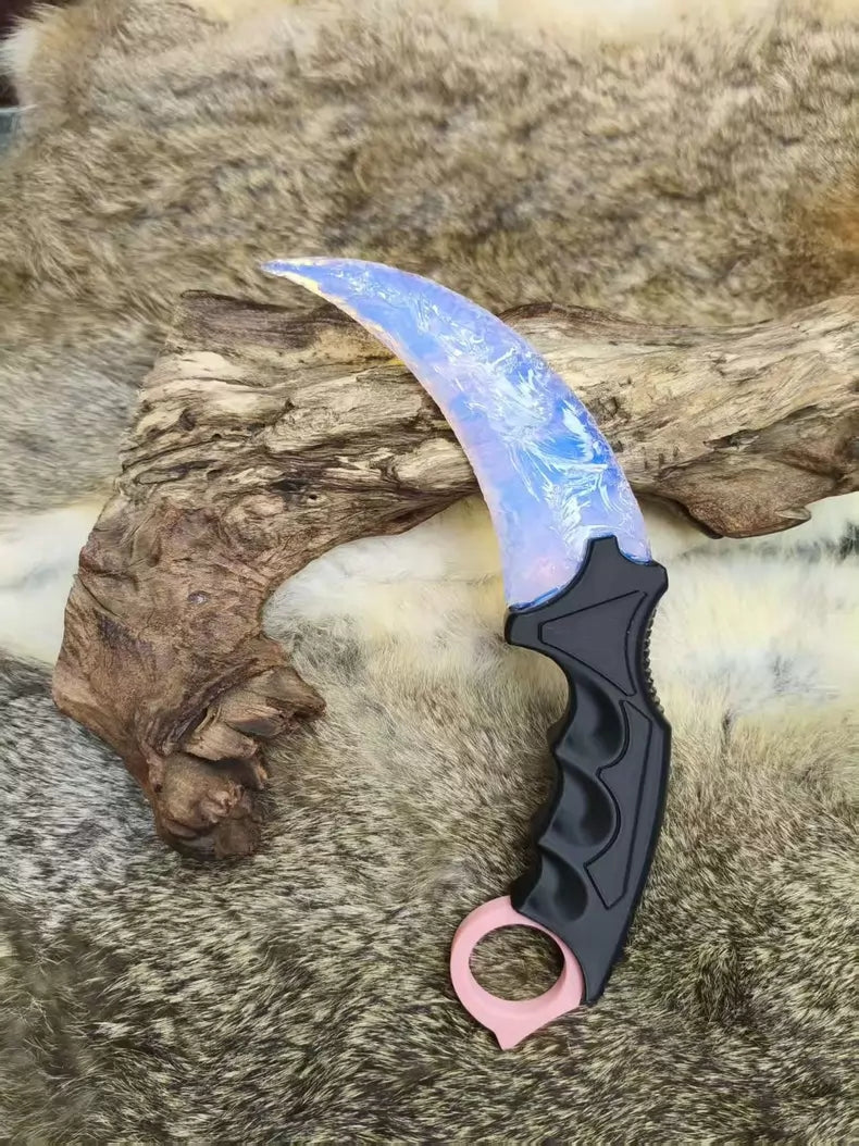 Hand-crafted stone-style Karambit, pink opal-style Karambit, 3D-printed handle, flame-pattern pink Karambit, CS:GO Karambit.
