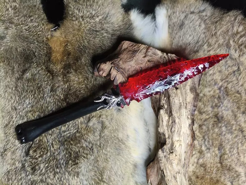 Knapped stone tool with red crystal and red glass; straight-edged stone knife/blade—new "War-Stab" series stone knife.