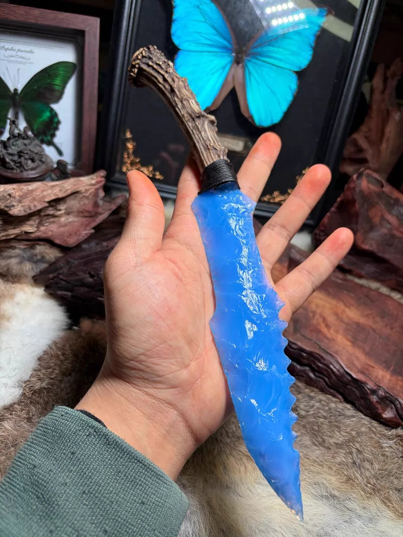 Knapped stone tools, stone knives, stone blades, hunter, blue opal knapped stone blade.
