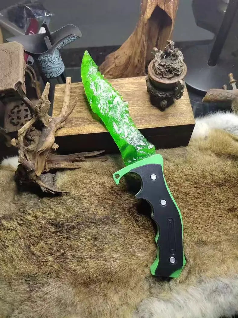 Knapped stone knife; knapped stone "Hunter's Dagger"! Green cat's-eye stone knife—CS:GO Doppler Emerald style.