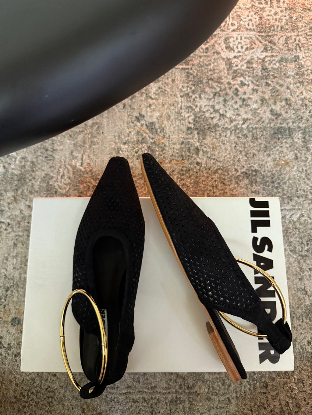Jil Sander Pointed-Toe Perforated Suede Ballet Flats (Black)