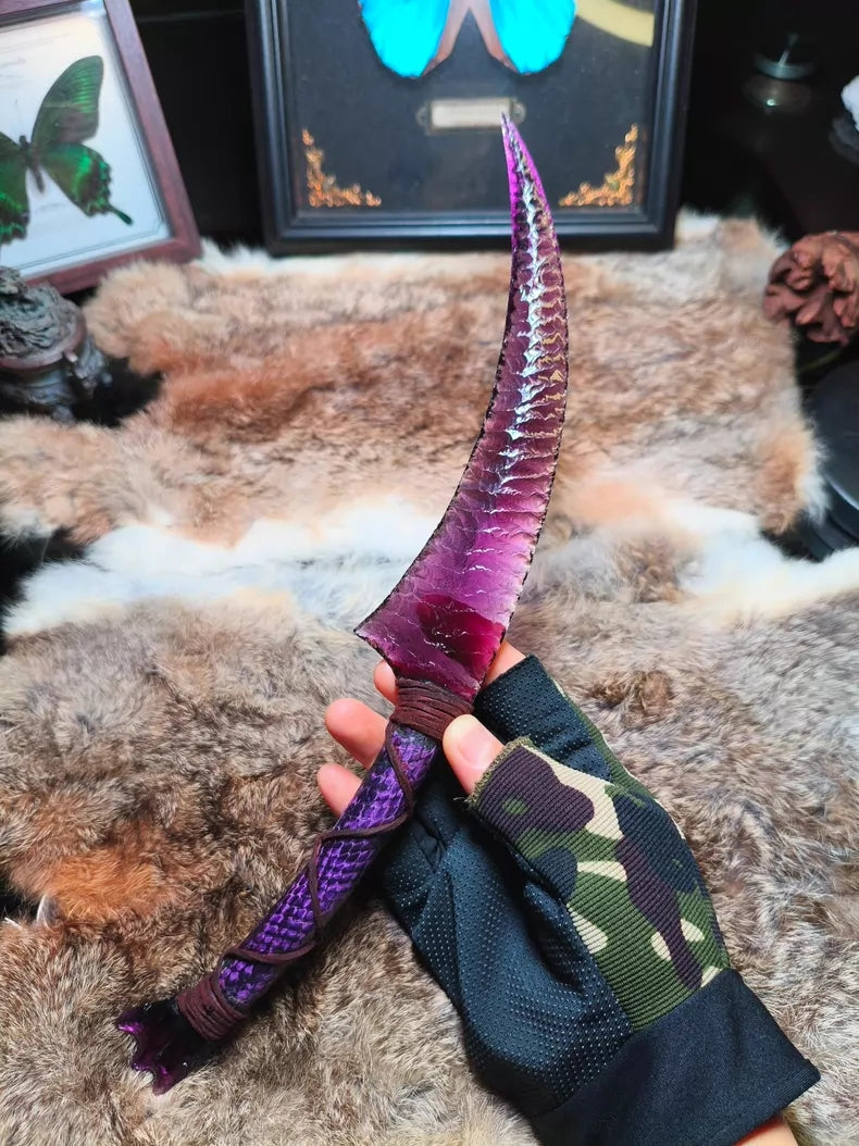 Avatar Na'vi Hunting Knife – Purple Glass-Stone Pressure-Flaked Design – Dragon-Glass Hunting Knife